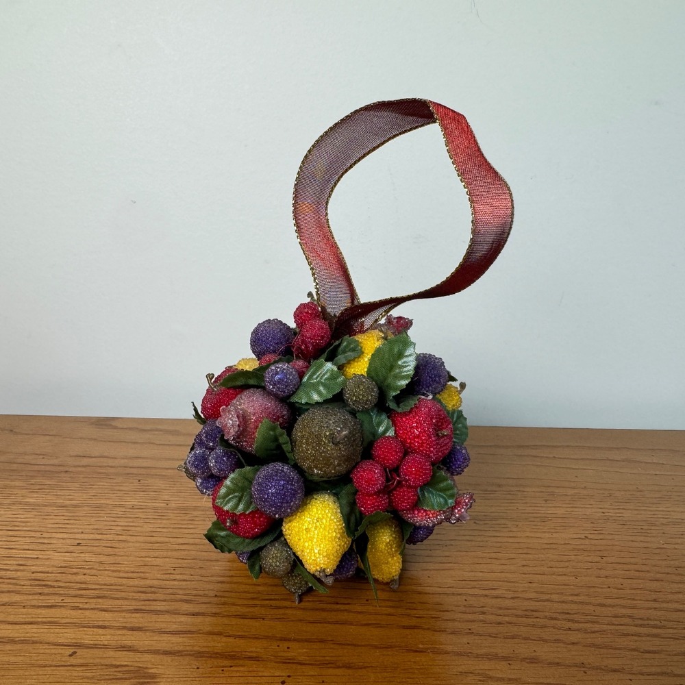 Artificial Fruit Orb Ornament‎ Glittered Berries Apples Lemons Ribbon Hanger
